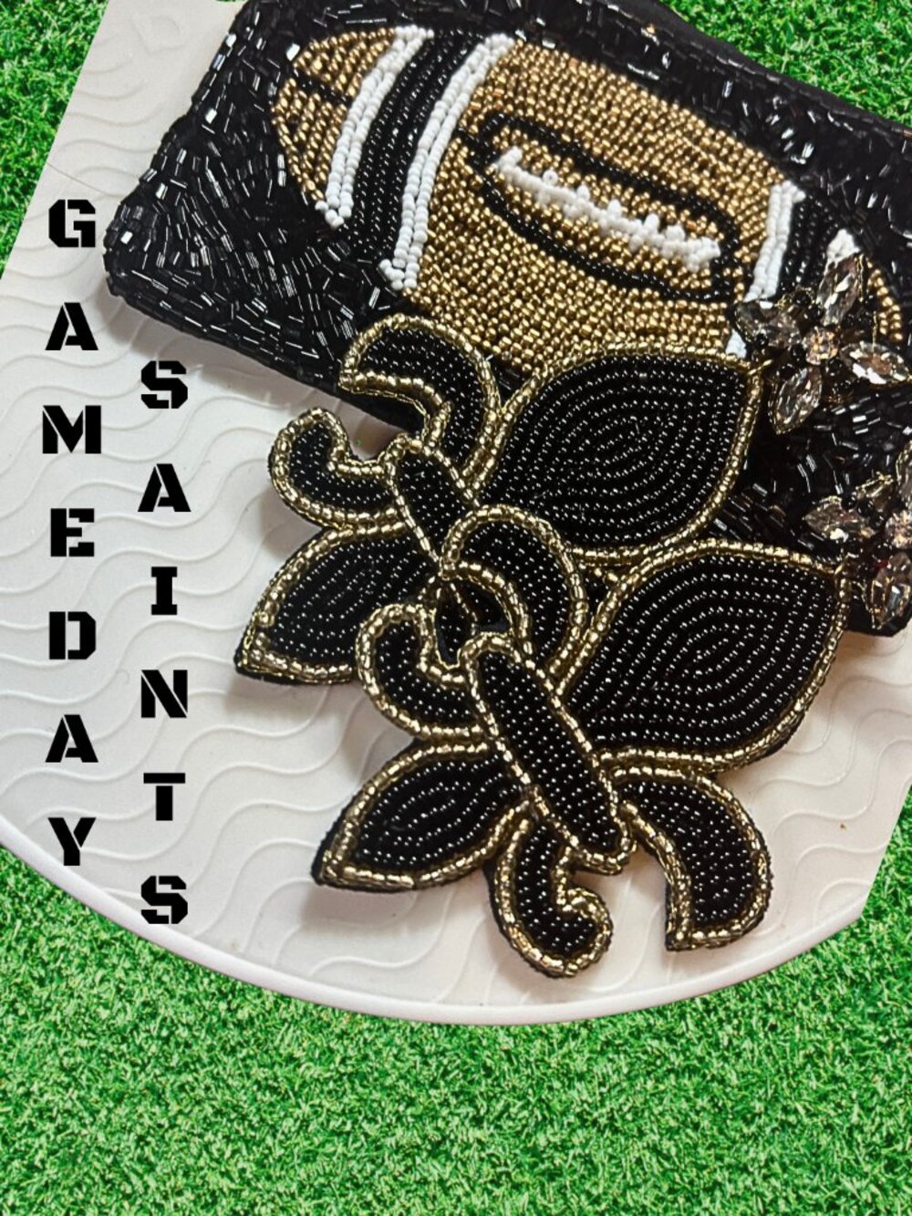 BUNDLE Steeler Saints Football Beaded Pouch and XL fleur-de-lis Earrings